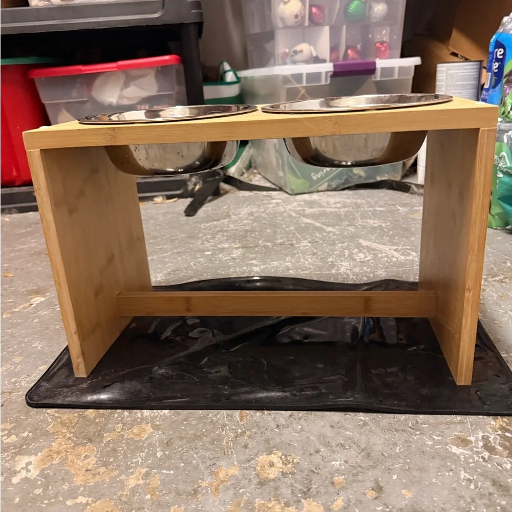 Elevated Bamboo Double Pet Feeder with Stainless Bowls - Natural